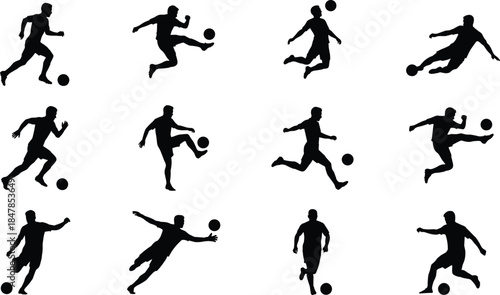 Set of soccer player silhouettes, running, kicking, jumping, shooting, ball, football, sport, action, competition, athlete, vector.