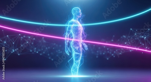 Humanoid figure intertwined with digital networks and glowing streams