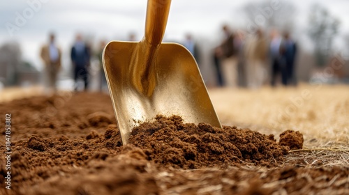 Golden spade digging in brown soil. Groundbreaking ceremony for new construction project. Symbol for opportunity, investment, and development.