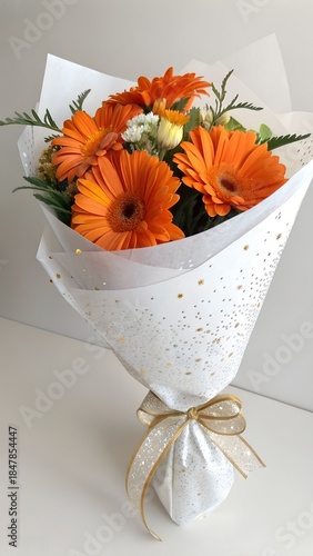 Bouquet of orange flowers in white paper packing.