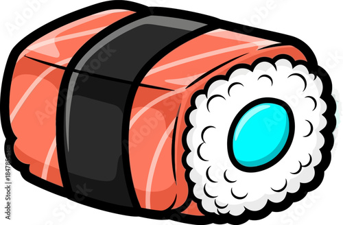 Cartoon Salmon Sushi Roll with Nori and Rice.