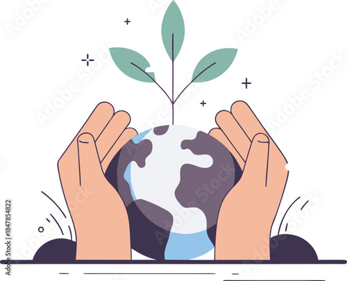 Hands protecting earth with growing plant sustainability flat vector illustration