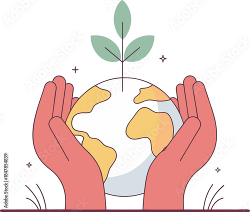 Hands protecting globe with growing plant sustainability and environmental responsibility concept