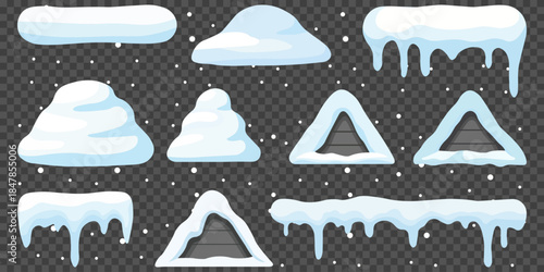 Winter Wonderland Elements A collection of various isolated snow and ice shapes, including snow piles, icicles, and drifts, evokes the serene charm of winter