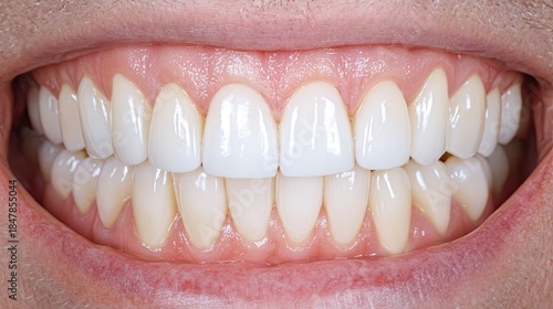 Close-up of perfect white porcelain veneers on upper and lower teeth showing ideal cosmetic dental results