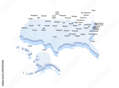 USA United States of America map with perspective 3d style, with Border and Name of States.