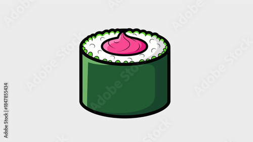 A single piece of sushi with pink filling on a light gray background.