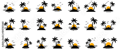 Tropical Sunset Collection A stunning compilation showcases a range of island silhouettes with palm trees and a brilliant sun setting over the ocean, inviting a sense of warmth, peace.