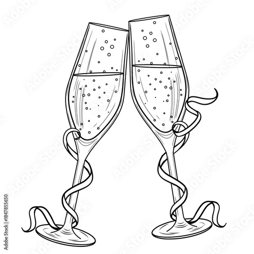 Champagne glasses clinking wrapped in streamers vector line art illustration. Festive New Year's celebration with sparkling wine in flute. Carnival drinking and anniversary retro sketch.