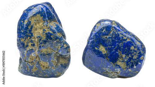 Two vibrant blue lapis lazuli stones with gold flecks on black