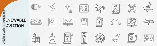 renewable aviation and green energy icons, minimal line vector set