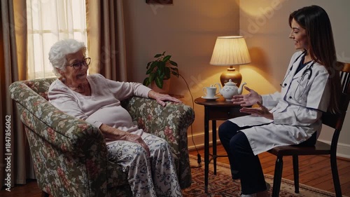 Young female doctor providing personalized home care to a smiling senior woman, sitting comfortably in her armchair while discussing medical advice and enjoying tea in a cozy living room