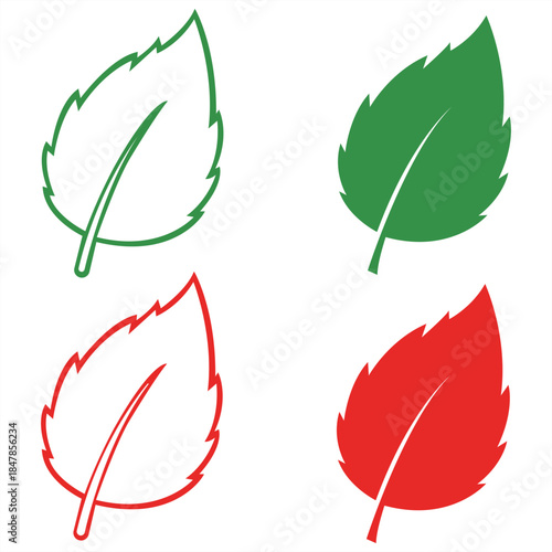 Leaf Variations A collection of four leaves in vibrant green and red, showcasing intricate details. Each leaf presents unique forms, reflecting nature's diverse designs.