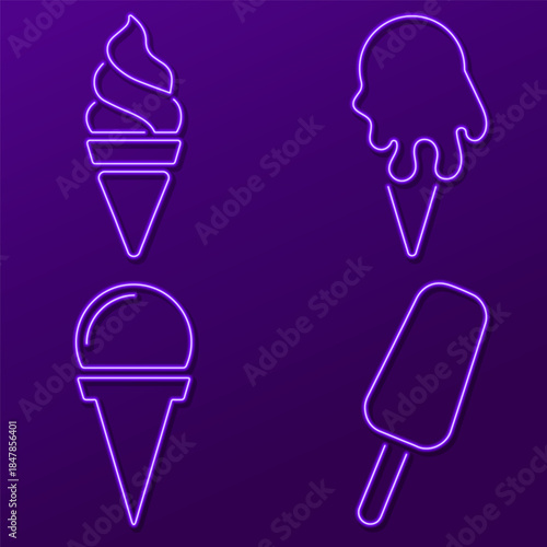 ice cream group of neon icons, vector illustration.