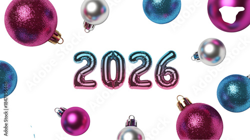 Colorful Christmas ornaments and balloons celebrating 2026