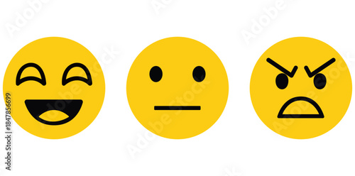 Mood Spectrum A series of vibrant yellow faces expressing a range of emotional states. Showcasing happiness, neutrality, and anger in a clean and direct manner.