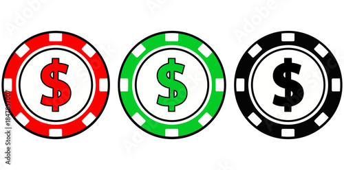 Casino Chips Illustration A trio of vibrant casino chips, each adorned with a dollar sign, embodies the thrill of gambling, chance, and the allure of financial risk and reward.