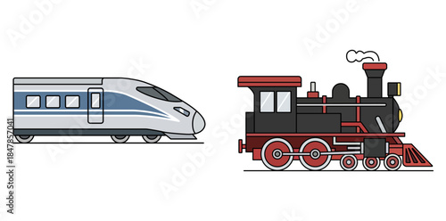 Modern vs. Vintage A graphic illustration contrasting a sleek modern train and a classic steam locomotive, symbolizing the evolution of transport.