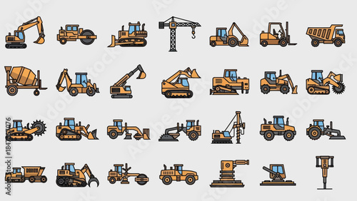 A comprehensive assortment of flat vector construction and heavy duty vehicle icons