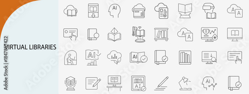 virtual library and digital learning icons, minimal line vector set