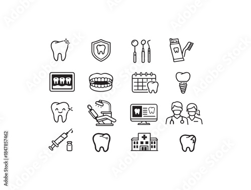 Minimalist icon sets for dentists, dental offices and oral health
