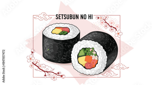 An illustration of Ehomaki, a lucky direction sushi roll, for the Japanese Setsubun festival, decorated with plum blossom branches.