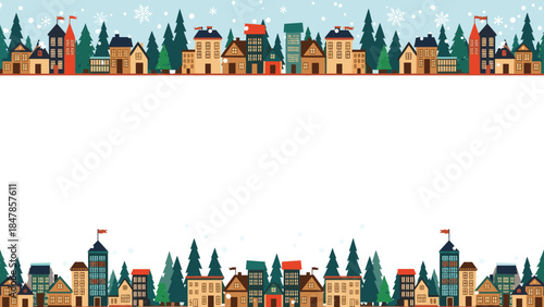 Seamless winter townscape border illustration with colorful houses, pine trees, and falling snow, perfect for Christmas holiday designs.