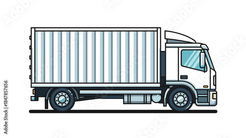 A clean and modern flat line illustration of a white cargo container truck shown in a side profile view, isolated on a white background.