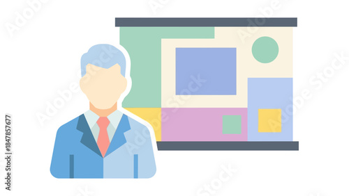 professional business presenter with colorful geometric background in a modern digital illustration