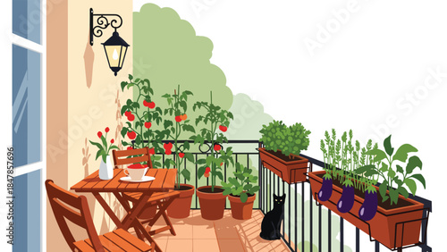 Cozy and charming balcony garden illustration with potted tomatoes, herbs, a sitting black cat, and a small table for relaxing.
