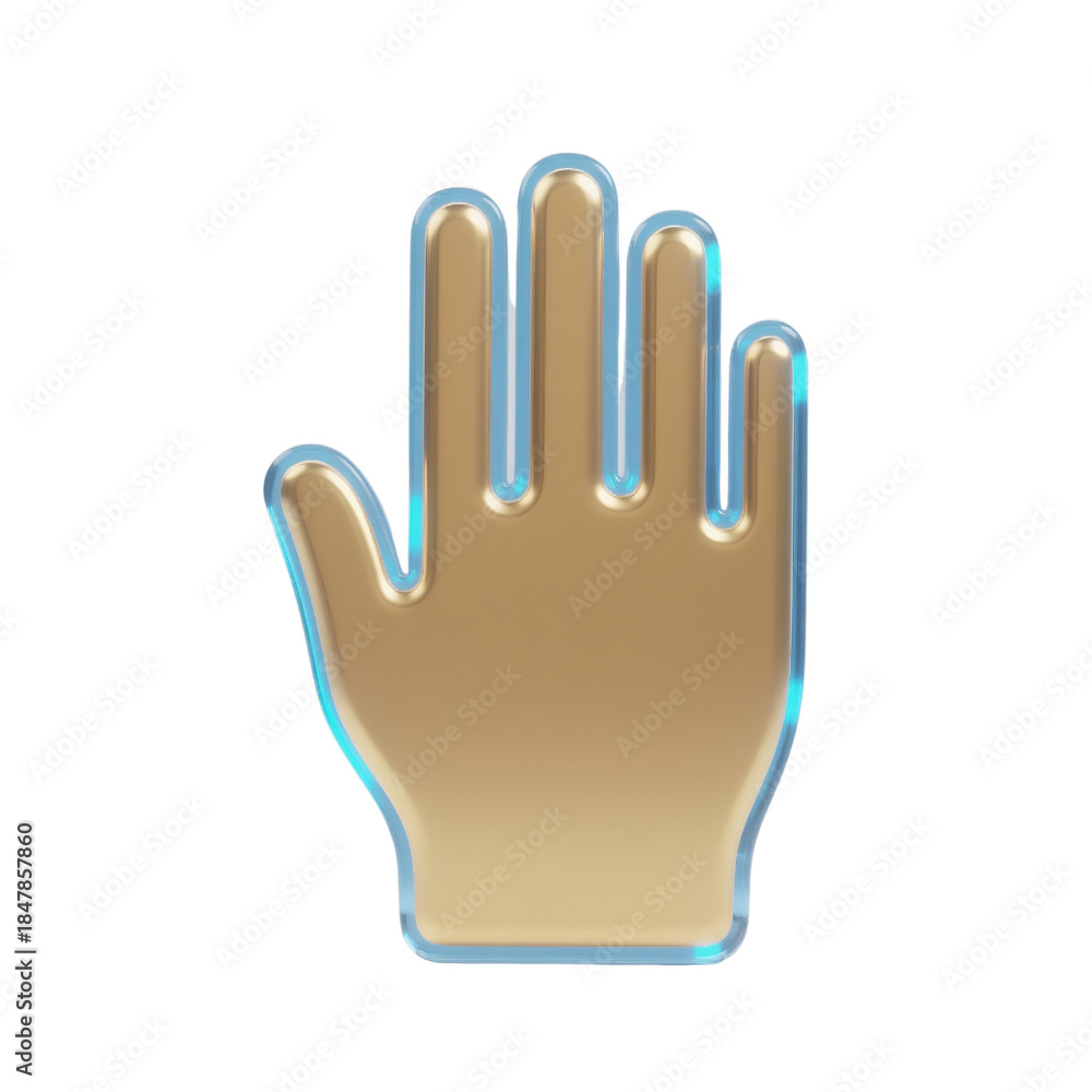 Obraz premium Glossy 3D open palm hand icon in metallic gold with soft blue rim light, isolated on transparent background for UI controls, touch gestures, alerts, onboarding visuals, and web apps.