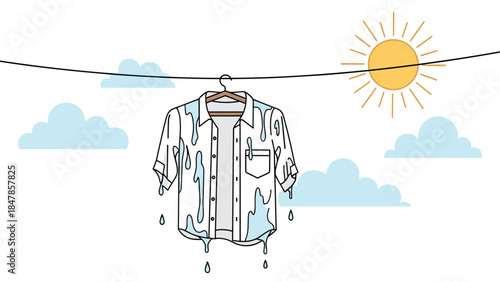 A simple line art illustration of a wet white shirt hanging on a clothesline to dry in the bright sun, with blue clouds in the background.