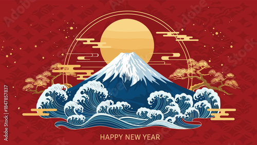 A Happy New Year greeting card featuring a majestic illustration of Mount Fuji with a rising sun and dramatic ocean waves in a Japanese style.