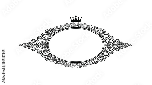 An elegant, vintage-style black and white oval frame with intricate scrollwork, swirls, and a small royal crown on top for a classic look.