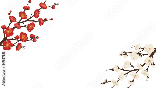 An elegant and simple illustration of red and white plum blossom branches placed in opposite corners, creating a minimal frame design.