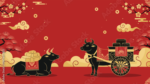 A festive Chinese New Year illustration for the Year of the Ox, featuring two black oxen with gold details on a rich red background.