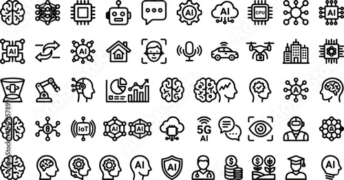 Collection of black outline artificial intelligence icons representing machine learning robotics data processing neural networks and modern technology concepts
