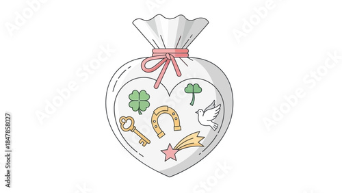 Protective Good Luck Charm Heart-Shaped Good Fortune Token with Lucky Symbols and Drawstring Closure