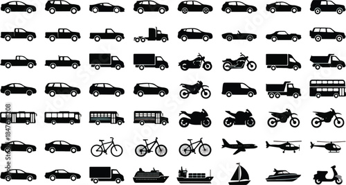 Collection of black silhouette icons representing various modes of transportation including cars trucks motorcycles buses bicycles boats and aircraft for web design