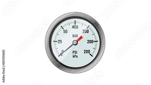 Pressure gauge with needle pointing to 200 PSIkPa and 20 BAR