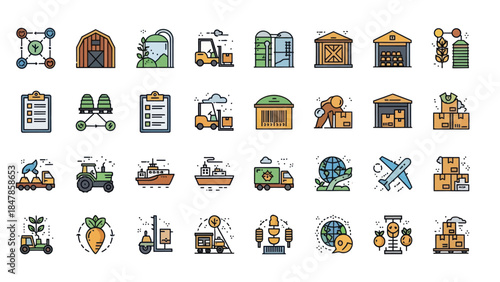 Collection of Agricultural and Logistic Icons representing farming delivery and management processes