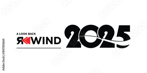 Bold “A Look Back Rewind 2025” typography with red play button icon and dynamic black year numbers on clean white background, ideal for year-in-review videos, social media recaps, highlight reels.