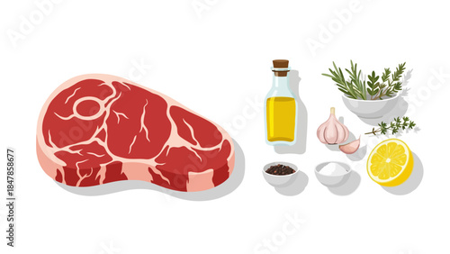 Raw steak and seasonings including oil herbs garlic salt pepper and lemon