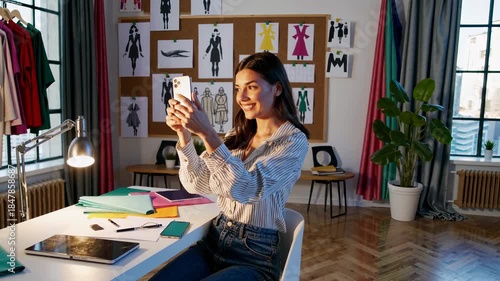 Young adult woman fashion designer smiling looking at the camera while using a smartphone sitting at her desk surrounded by sketches, clothing racks, and fabrics in a creative studio