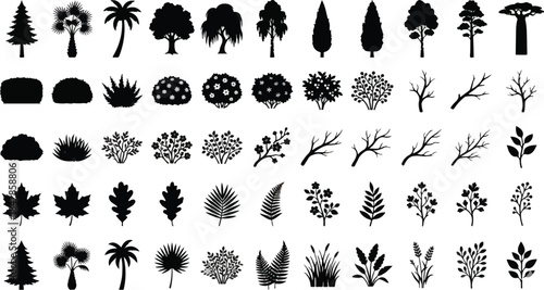 Collection of diverse black silhouette icons representing various trees shrubs branches leaves and botanical elements for landscape design projects