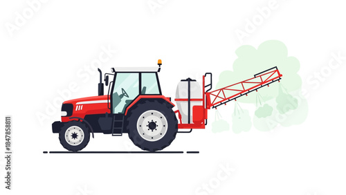 Red tractor with sprayer dispenses green mist