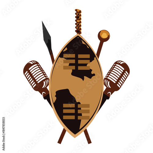 African Heritage Music Emblem with Traditional Weapons Vector