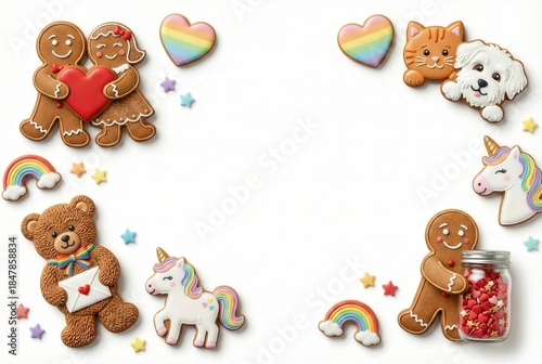 Cute gingerbread cookie frame featuring teddy bear with love letter, magical unicorns, and sweet couple decorated with royal icing and rainbows on isolated white background for Valentine's Day concept