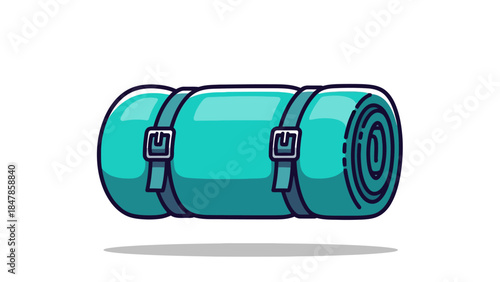 Rolledup turquoise sleeping bag with straps and buckles