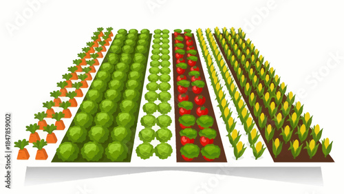 Rows of farm crops including carrots cabbage tomatoes and corn